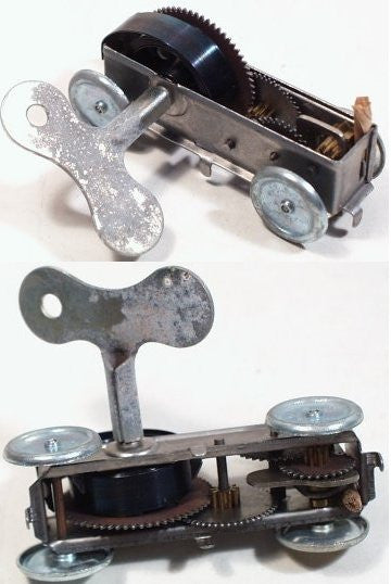 Vintage toy mechanical car motor with wheels. Runs for nearly 2 minutes! 2-3/4"