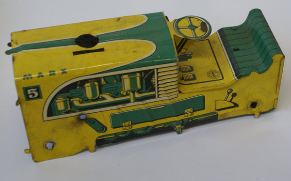 Marx #5 Tractor Body Yellow and Green. Parts only Surface rust on litho and interior. Sold As Is.