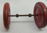 Vintage tinplate tin wheels on axle.  Two wheels.  2-1/8" wheel diameter.