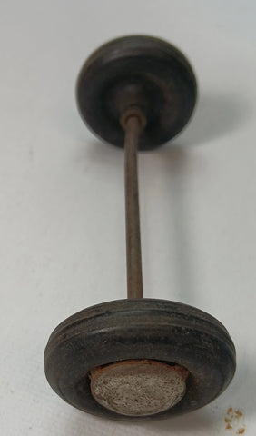 3-1/2" toy car axle with wheels and hubs Original condition. Axle bent