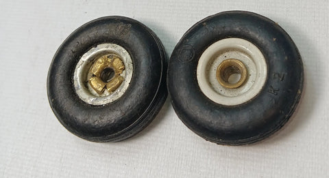 Lot of 2 toy airplane wheels. 1-3/8" Rubber with metal hub.