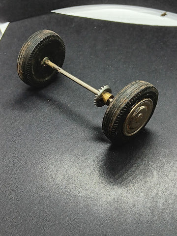 1-1/2" Wheels on 3-1/2" Axle with drive gear attached.