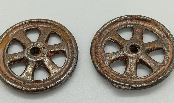 1-3/16" Cast iron 6 spoked wheels Set of two only.