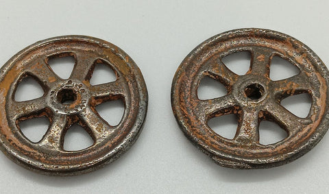 1-3/16" Cast iron 6 spoked wheels Set of two only.