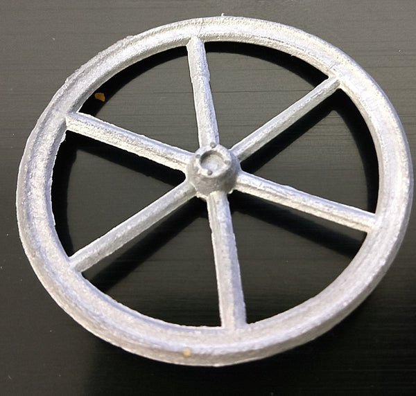 Cast 6 spoke narrow wheel.  2-1/5" diameter